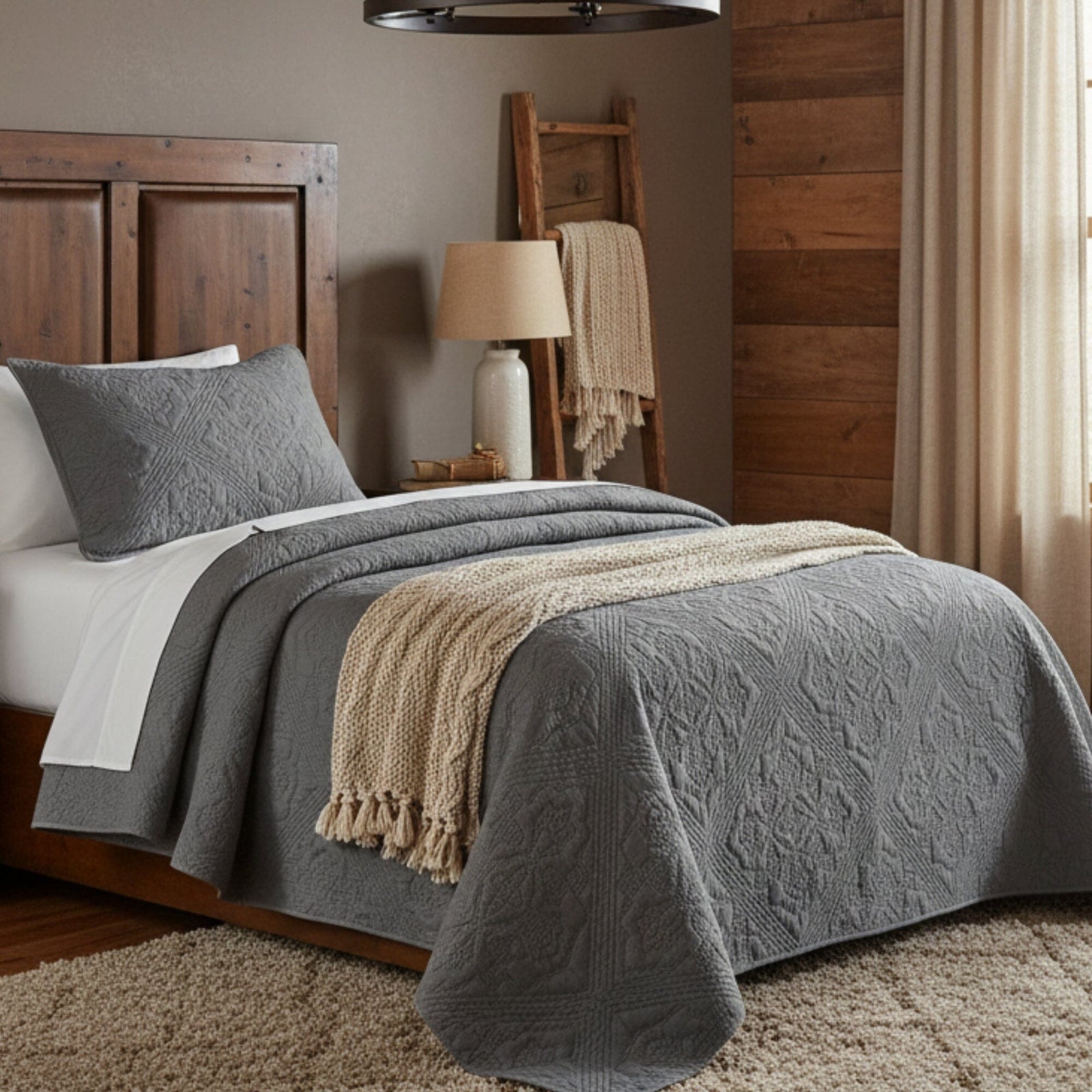 DaDa Bedding Floral Vintage Stone Wash Grey Matelassé Ash Silver Diamond Pattern Quilted Bedspread Set (JHW855)-0