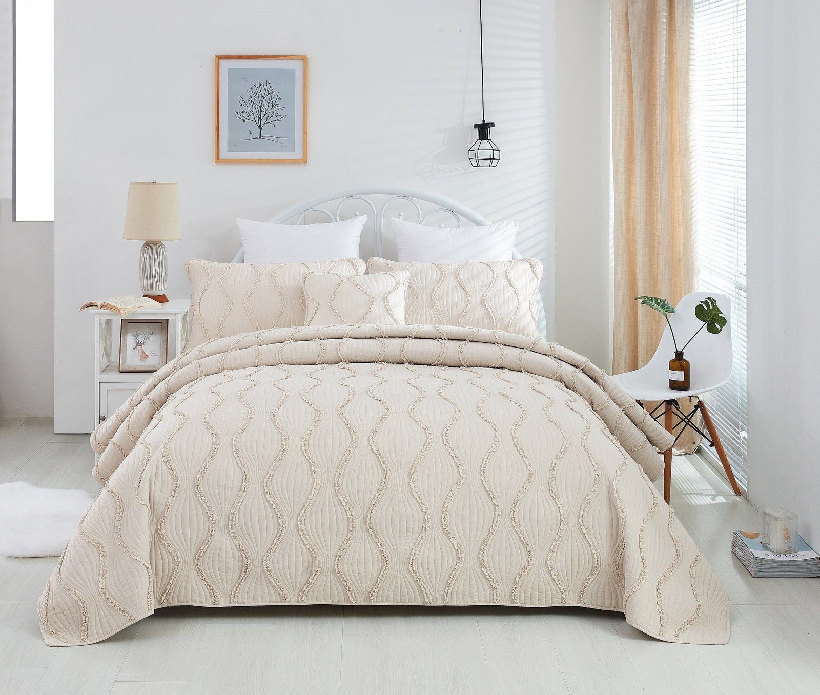 DaDa Bedding Soft Charming French Country Ruffles Quilted Cotton Bedspread Set - Ivory Cream Tan (JHW873)-0