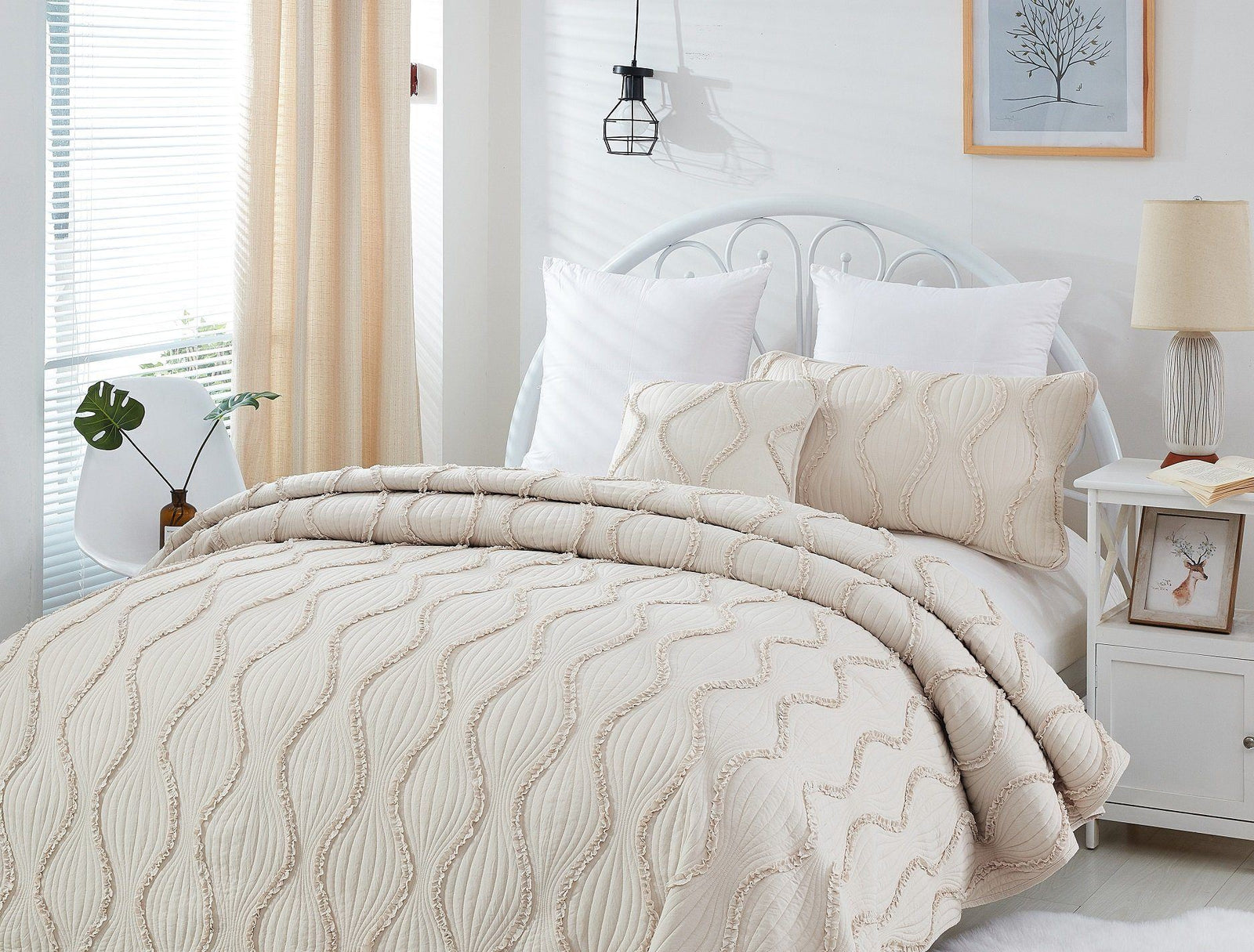 DaDa Bedding Soft Charming French Country Ruffles Quilted Cotton Bedspread Set - Ivory Cream Tan (JHW873)-2