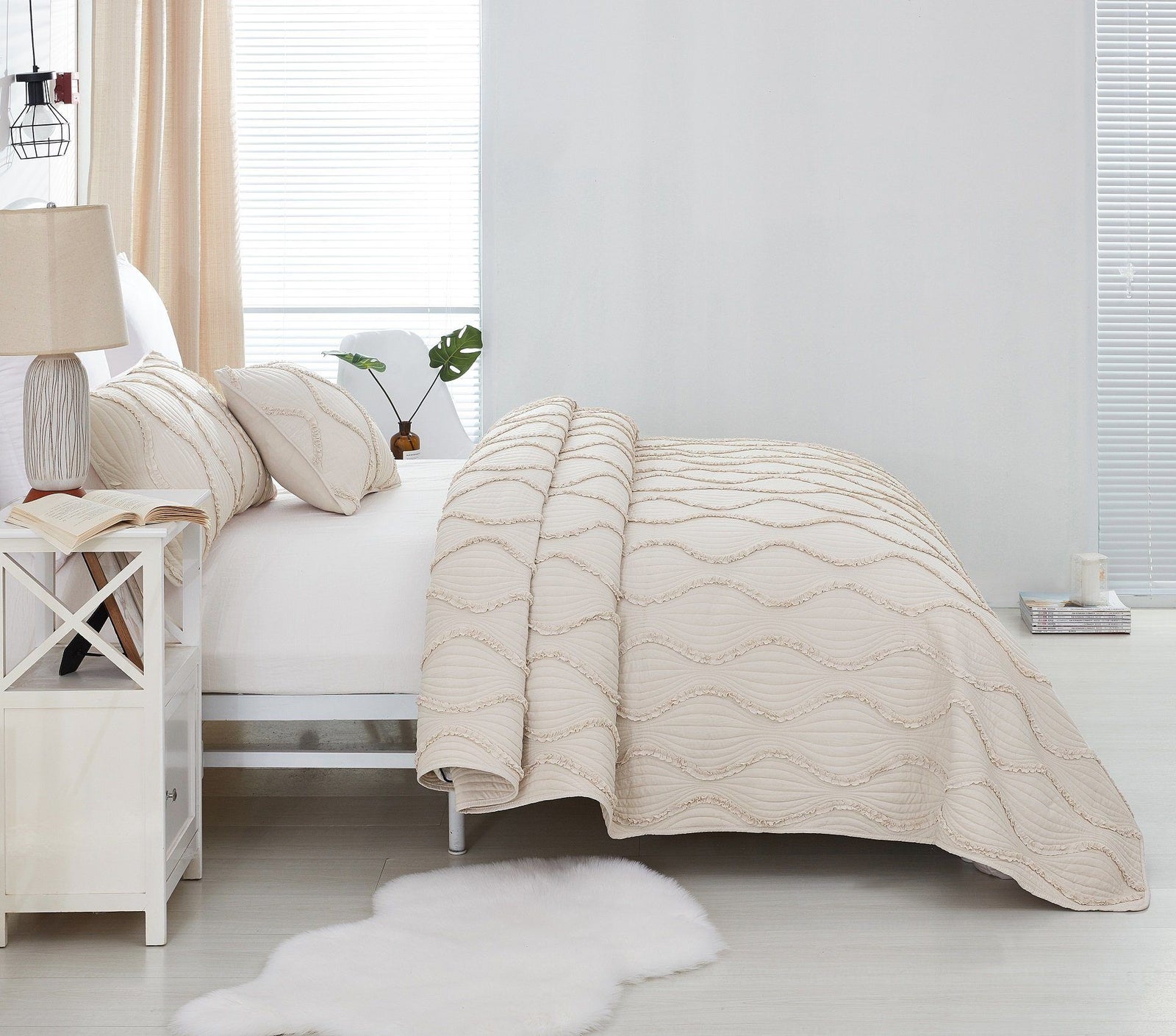 DaDa Bedding Soft Charming French Country Ruffles Quilted Cotton Bedspread Set - Ivory Cream Tan (JHW873)-3
