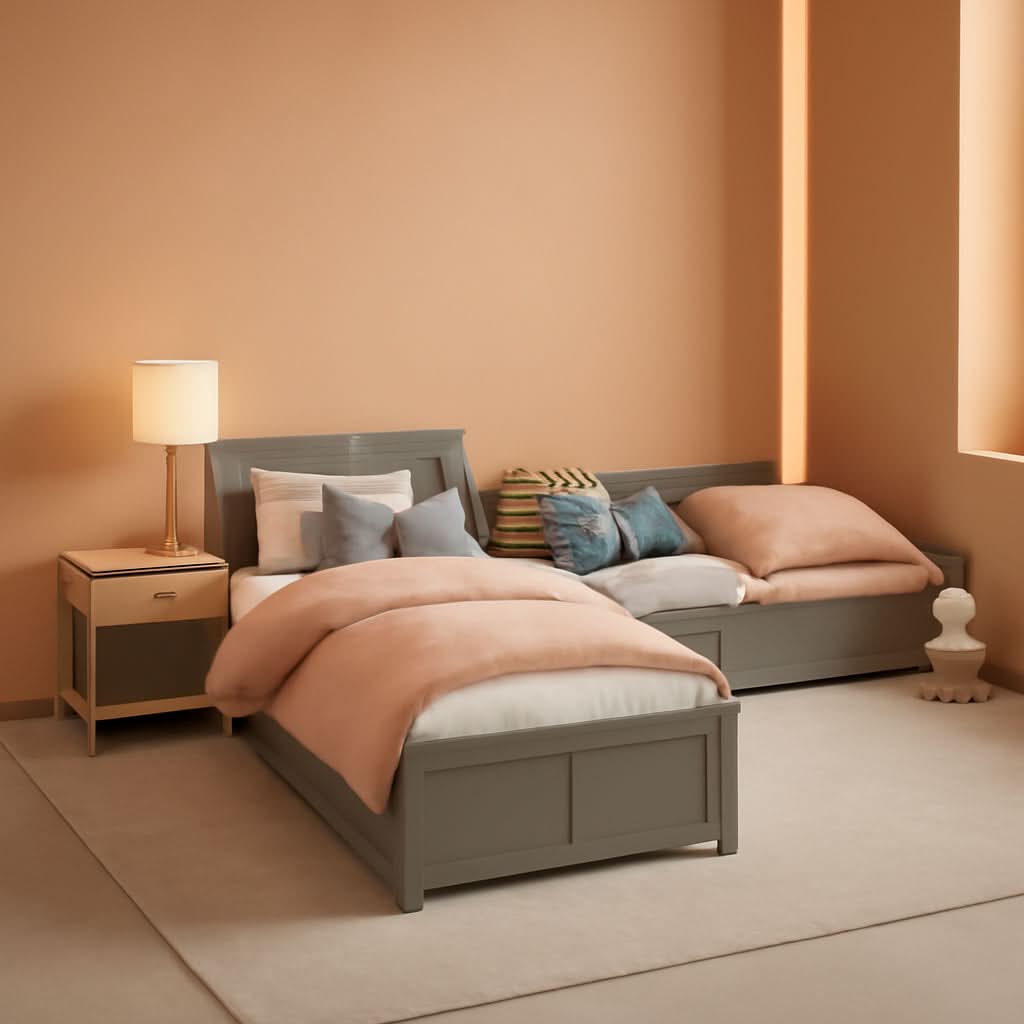 Gray L-shaped twin corner bed with pull-out trundle and storage drawers