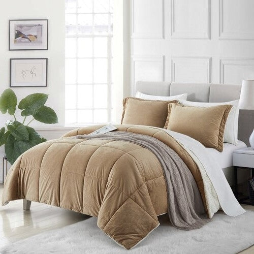 Queen plush microfiber reversible comforter set in beige with soft, cozy fabric, layered with matching pillows in a bright bedroom