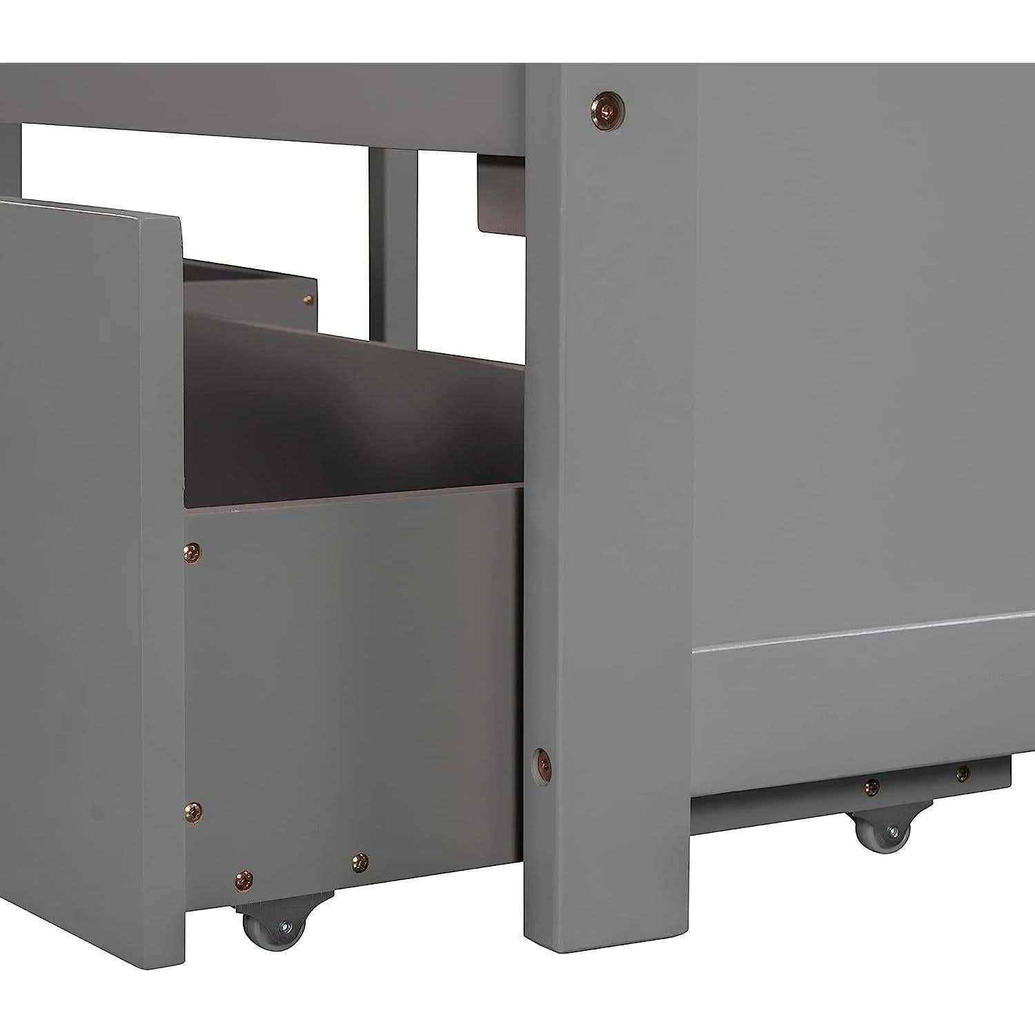 L-shaped twin platform bed with built-in corner table and gray finish