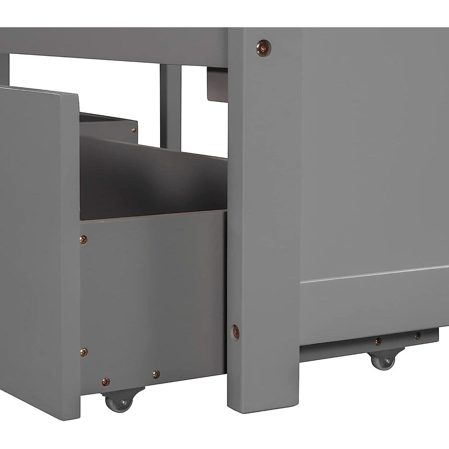 L-shaped twin platform bed with built-in corner table and gray finish