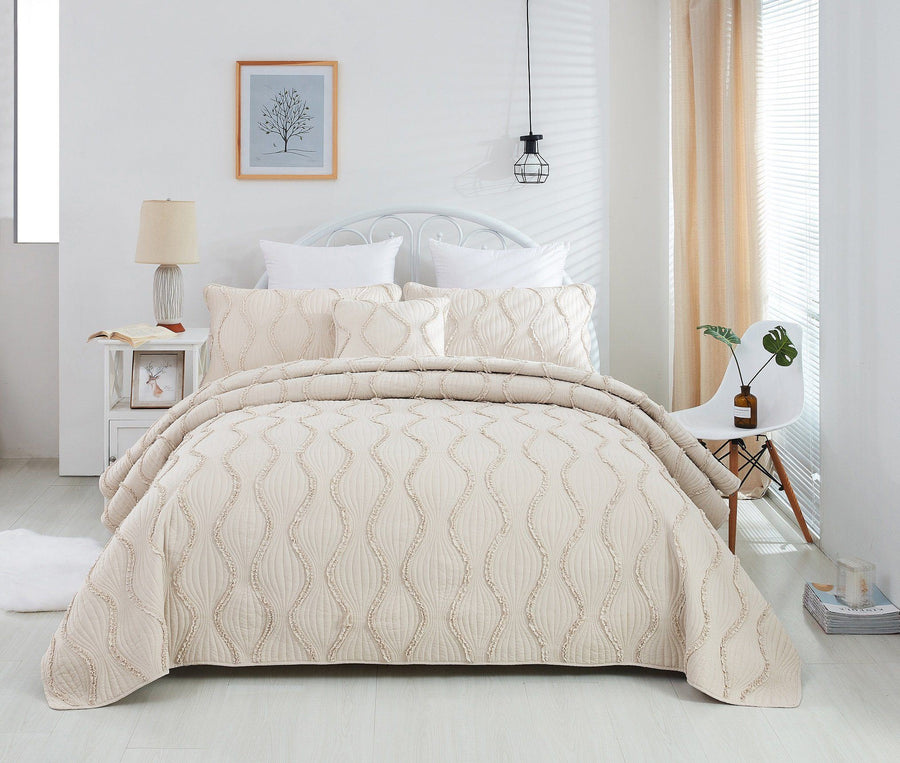 DaDa Bedding Soft Charming French Country Ruffles Quilted Cotton Bedspread Set - Ivory Cream Tan (JHW873)-0