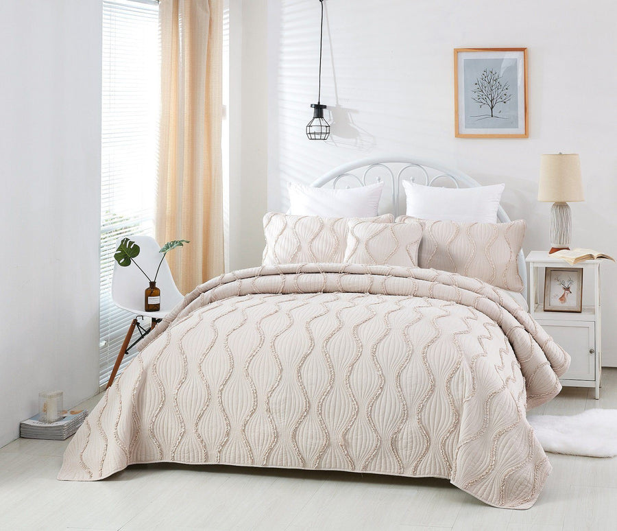 DaDa Bedding Soft Charming French Country Ruffles Quilted Cotton Bedspread Set - Ivory Cream Tan (JHW873)-1